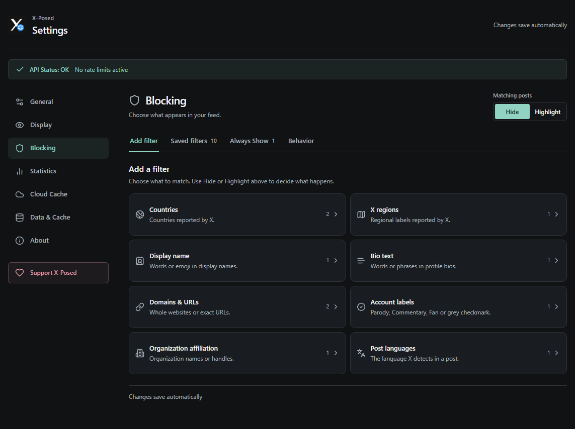 Add filter screen with country, region, profile, link, account-label and language choices