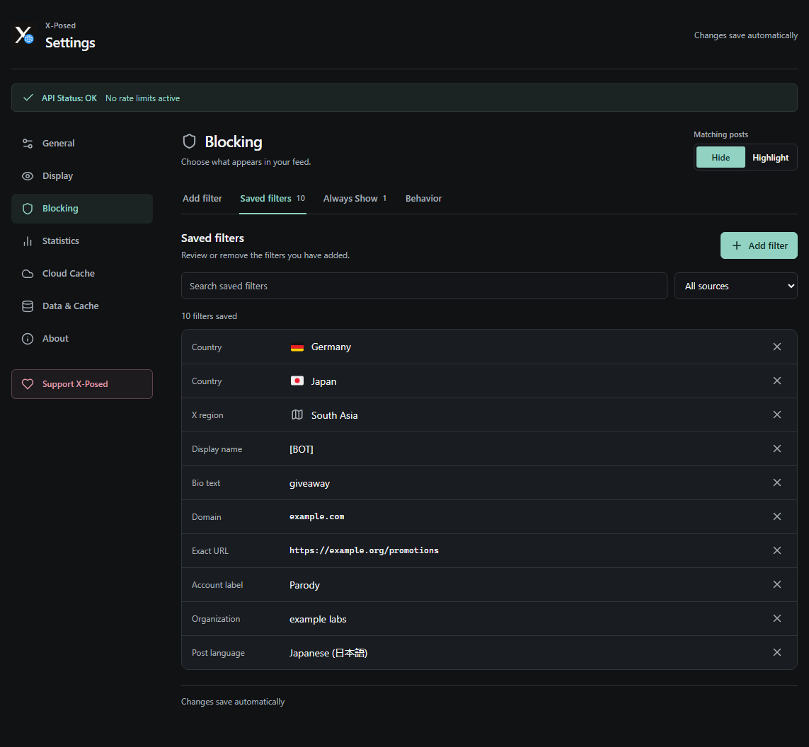 Saved filters with country flags, domain and exact-URL rules, search and filter controls