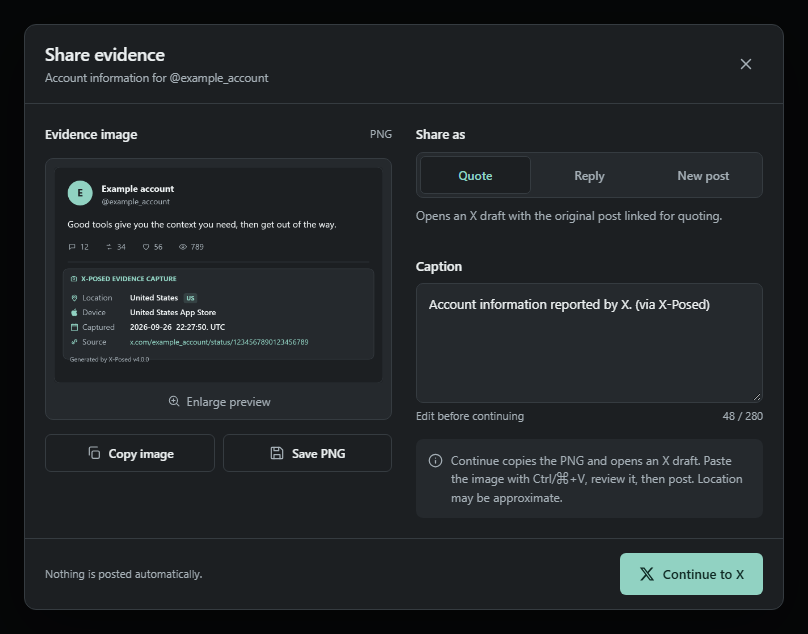 Share dialog with an evidence-image preview, editable caption and posting choices